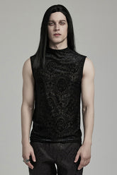Black Sleeveless Beaded Cross Flocking Print Men's Gothic Tank Top